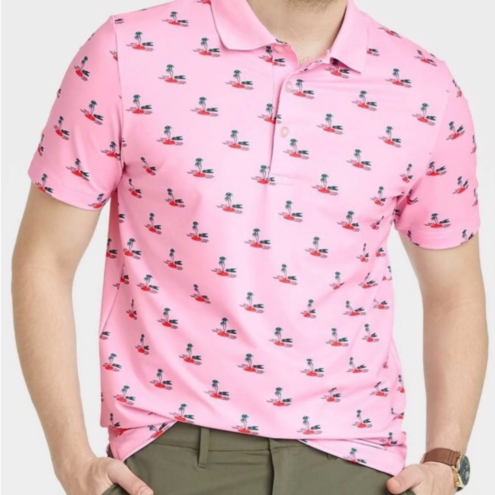 GOODFELLOW Men’s Vibrant Pink Polo Shirt Tropical Print.Size Large,Standard.